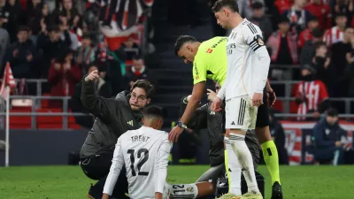 Soccer Football - LaLiga - Athletic Bilbao v Real Madrid - San Mames, Bilbao, Spain - December 3, 2025 Real Madrid's Trent Alexander-Arnold after sustaining an injury REUTERS/Pankra Nieto