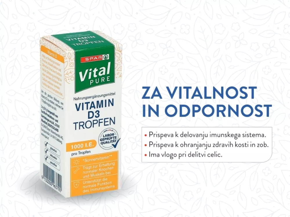 Prehransko dopolnilo SPAR Vital Pure Vitamin D3 je v obliki kapljic, kar omogoča najenostavnejše odmerjanje primerne količine. Ker je vitamin D topen v maščobi, se najboljše absorbira, če ga zaužijemo skupaj z obrokom, ki vsebuje določeno količino maščobe (mlečni izdelek, oreščki, oljčno olje itd.) ali takoj po obroku. (Foto: Spar Slovenija)