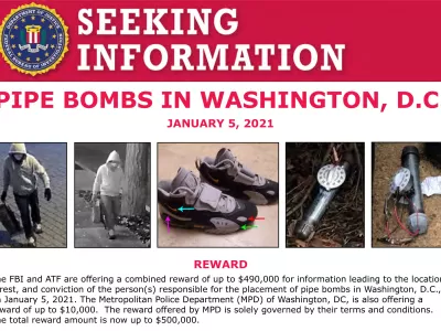 FILE - This image shows part of a "Seeking Information" notice released by the Federal Bureau of Investigation regarding pipe bombs planted outside offices of the Democratic and Republican national committees in Washington on Jan. 5, 2021, on the eve of the attack on the Capitol. (FBI via AP, File)