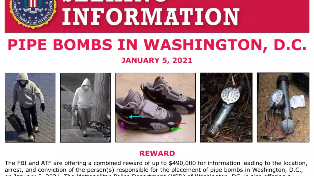 FILE - This image shows part of a "Seeking Information" notice released by the Federal Bureau of Investigation regarding pipe bombs planted outside offices of the Democratic and Republican national committees in Washington on Jan. 5, 2021, on the eve of the attack on the Capitol. (FBI via AP, File)