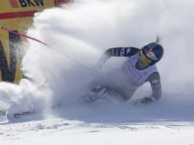 United States' Lindsey Vonn arrives at the finish area of an alpine ski, women's World Cup downhill in St. Moritz, Switzerland, Friday Dec.12, 2025. (AP Photo/Luciano Bisi)