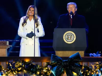 President Donald Trump, accompanied by first lady Melania Trump, speaks following the lighting of the National Christmas Tree on the Ellipse, Thursday, Dec. 4, 2025, near the White House in Washington. (AP Photo/Julia Demaree Nikhinson)