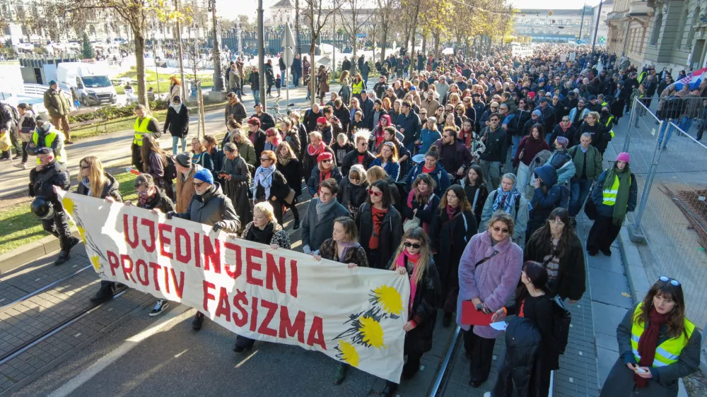 People protest against rising fascism in Croatia, carrying a banner "United against Fascism" in Zagreb, Croatia, November 30, 2025. REUTERS/Antonio Bronic