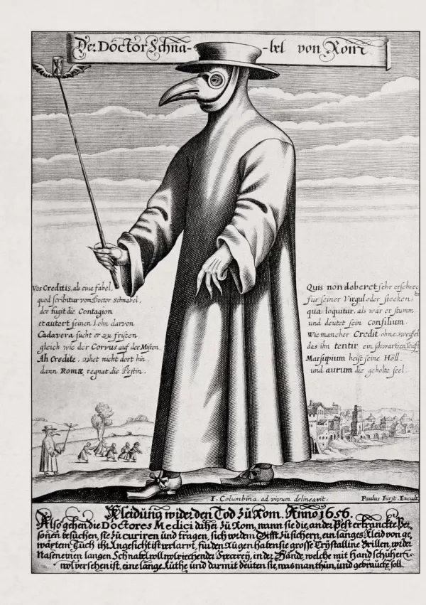 Seventeenth-century illustration by Paul Fürst of a plague doctor in Rome, with a satirical macaronic poem. / Foto: Gwengoat