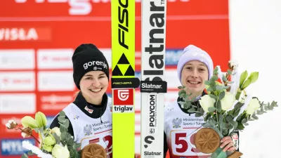 Nika Vodan, SLO, Bib number 52, Nika Prevc, SLO, Bib number 59, Podium Photo, FIS Ski Jumping World Cup, Womens Individual Large Hill, Wisla, Poland, 2025, Photo Credit: action press / Julia Piatkowska, Women's Large Hill HS134 at Viessmann FIS Ski Jumping World Cup 2025-26 in Wisla, Poland, 2025-12-05, Photo Credit: action press / Julia PiatkowskaNo Use Sweden. No Use Germany.