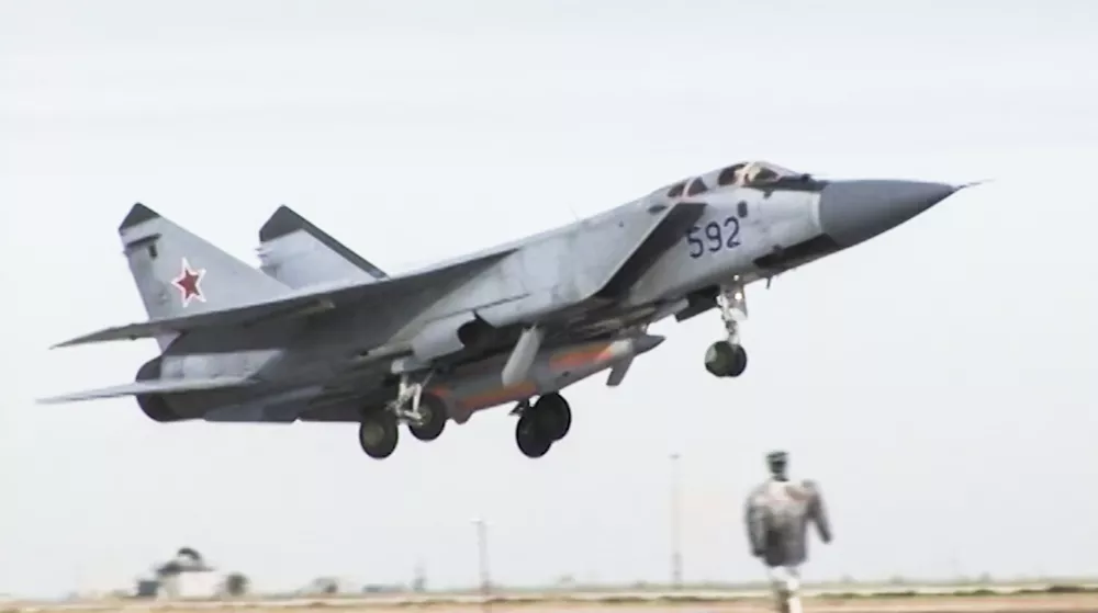 ﻿In this video grab provided by RU-RTR Russian television via AP television on Thursday, March 1, 2018, a Russian MiG-31 fighter jet carrying the new Kinzhal hypersonic missile flies at an undisclosed location in Russia. President Vladimir Putin declared Thursday that Russia has developed a range of new nuclear weapons, claiming they can't be intercepted by enemy. (RU-RTR Russian Television via AP)