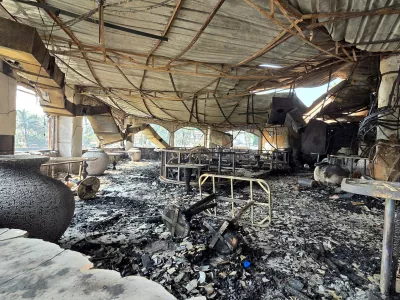 The charred interiors of a nightclub, which caught fire early Sunday, are seen in Arpora, Goa, India, Sunday, Dec. 7, 2025. (AP Photo)