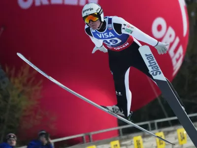 Domen Prevc of Slovenia in action during the Men's Large Hill HS134 competition of the FIS Ski Jumping World Cup in Wisla, Poland Saturday Dec. 6, 2025. (AP Photo/Czarek Sokolowski)