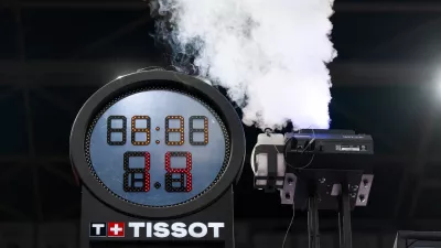 A smoke machine malfunctions during the first half of an NBA basketball game Between the Oklahoma Thunder and the Utah Jazz, Sunday, Dec. 7, 2025, in Salt Lake City. (AP Photo/Bethany Baker)