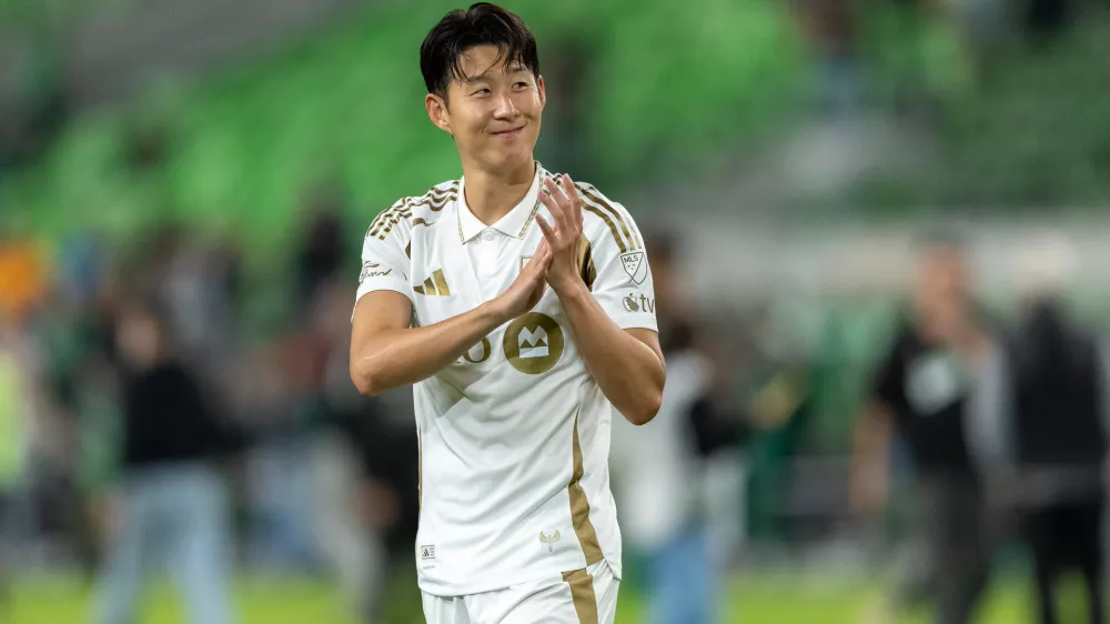 FILE - Los Angeles FC forward Son Heung-Min (7) celebrates a win against over Austin FC during Game 2 in the first round of MLS soccer's Western Conference playoffs on Nov. 2, 2025, in Austin, Texas. (AP Photo/Stephen Spillman, File)
