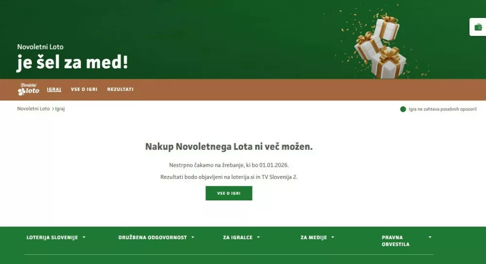 Posnetek zaslona spletnega mesta loterije.