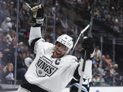 Dec 8, 2025; Salt Lake City, Utah, USA; Los Angeles Kings center Anze Kopitar (11) celebrates after scoring a goal against the Utah Mammoth during the third period at Delta Center. Mandatory Credit: Rob Gray-Imagn Images