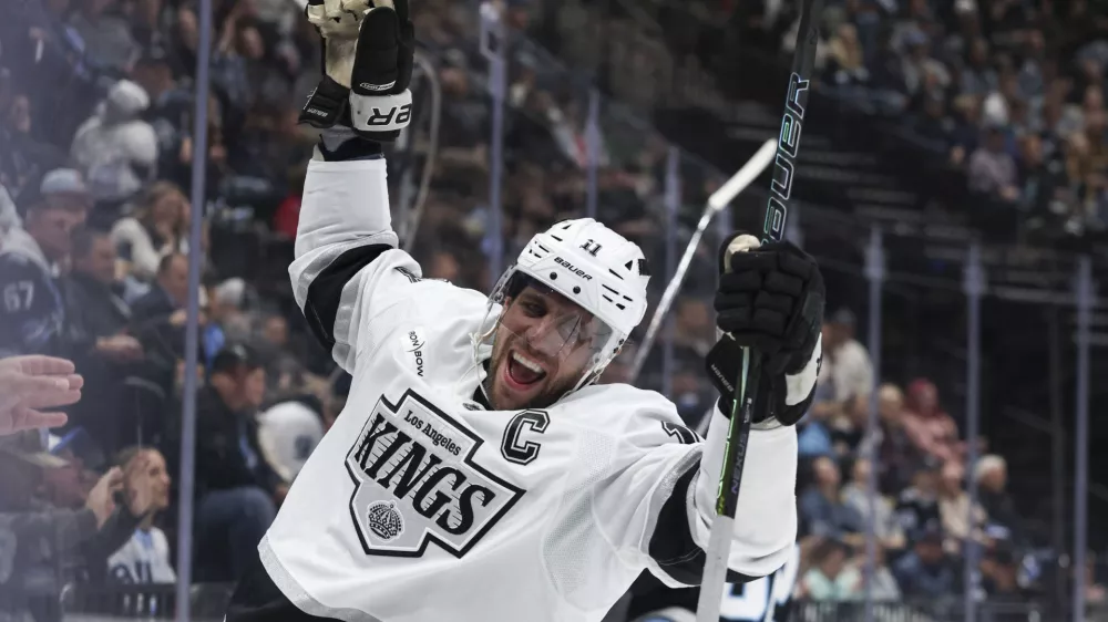 Dec 8, 2025; Salt Lake City, Utah, USA; Los Angeles Kings center Anze Kopitar (11) celebrates after scoring a goal against the Utah Mammoth during the third period at Delta Center. Mandatory Credit: Rob Gray-Imagn Images
