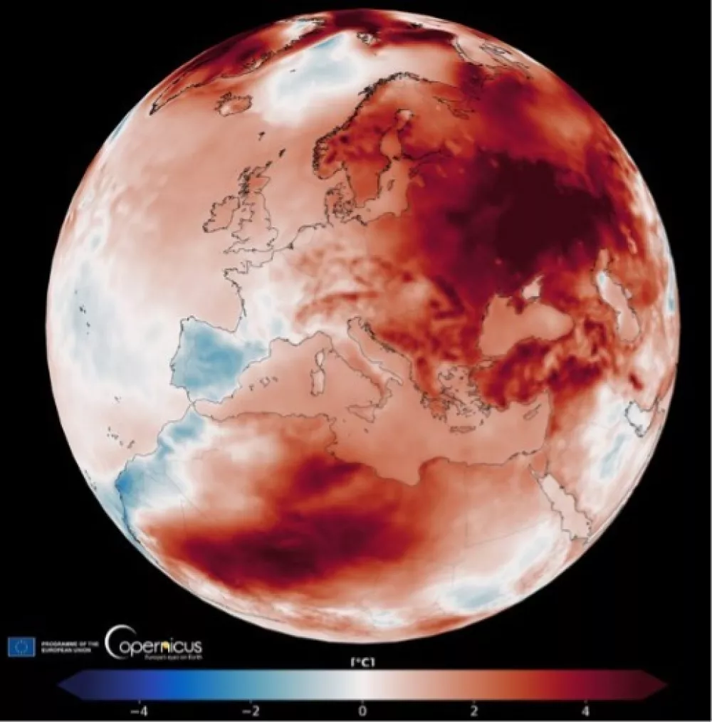 Toplotne vrednosti nad še vzdržnim 1,5 stopinj Celzija povečanjem (marec 2025). Podatki: Copernicus