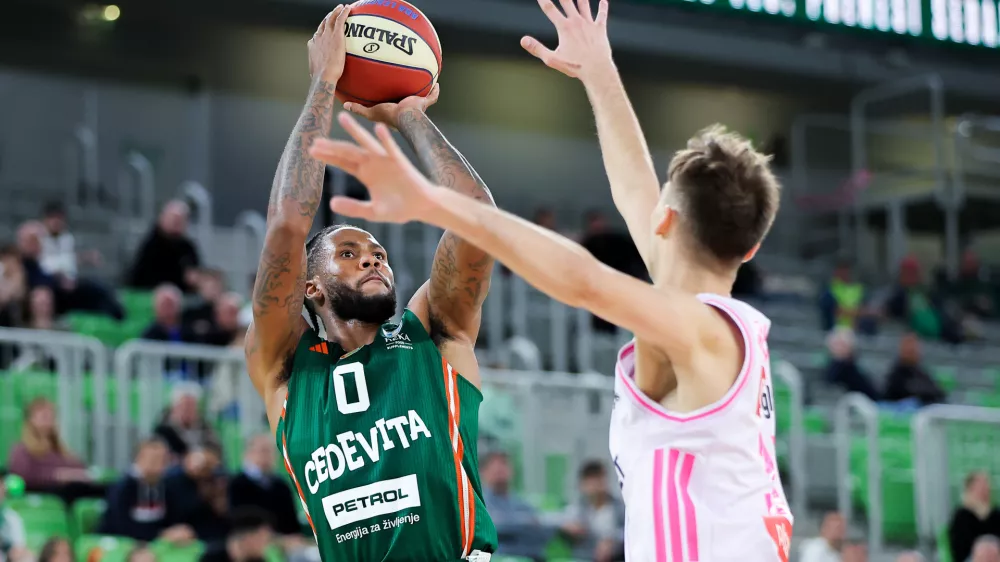 DJ Stewart in action during ABA League 2025/2026 basketball match between Cedevita Olimpija (SLO) and Mega Superbet (SRB) in SRC Stozice, Ljubljana, Slovenia on October 5, 2025. Photo: Filip Barbalic