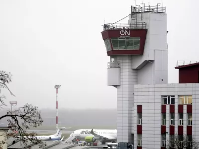 The control tower at Vilnius Ciurlionis International Airport in Vilnius, Lithuania, December 9, 2025. REUTERS/Janis Laizans