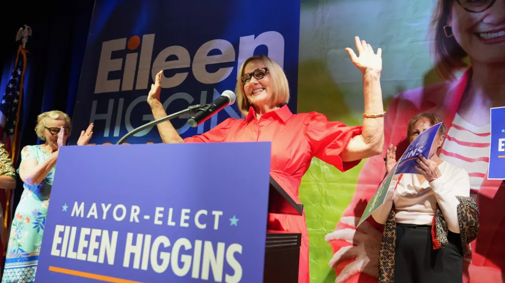 Miami mayor-elect Eileen Higgins celebrates at a watch party after winning the Miami mayoral runoff election, Tuesday, Dec. 9, 2025, in Miami. (AP Photo/Lynne Sladky)