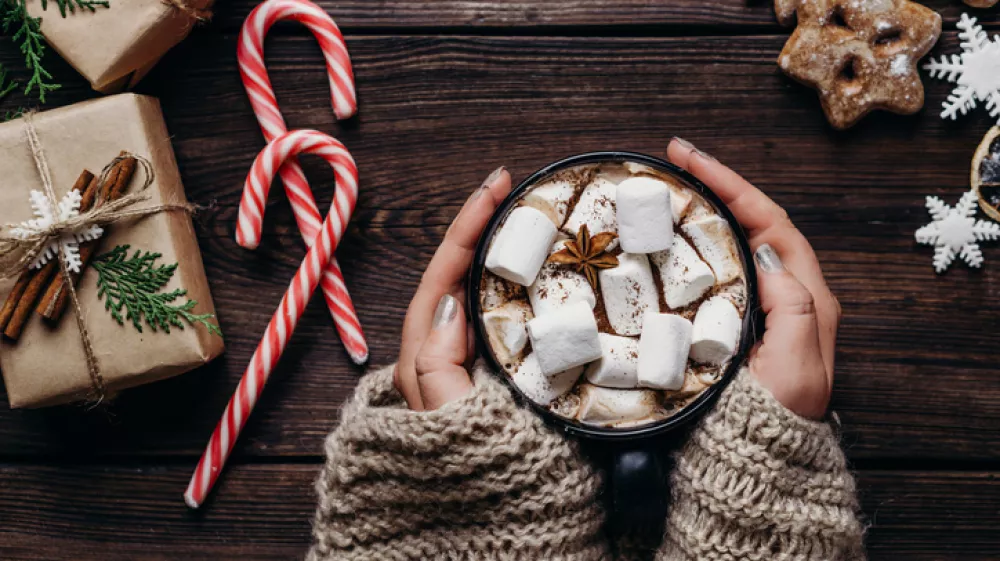 Warming concept. Woman hands in knitted sweater with mug of hot chocolate. Coziness, home, winter holidays celebration