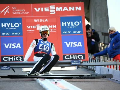 Ski Jumping - FIS Ski Jumping World Cup - Wisla, Poland - December 6, 2025 Slovenia's Domen Prevc in action during the trial round REUTERS/Kacper Pempel