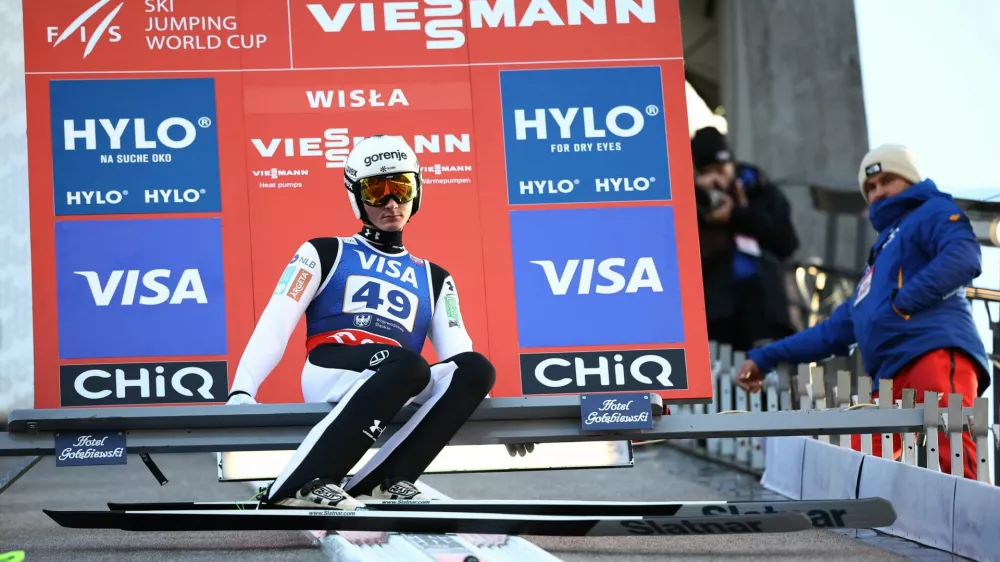 Ski Jumping - FIS Ski Jumping World Cup - Wisla, Poland - December 6, 2025 Slovenia's Domen Prevc in action during the trial round REUTERS/Kacper Pempel