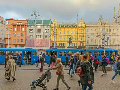 Zagreb, Croatia - November 4, 2019: Crowd of People Commuters at Tram Station Ban Josip Jelacic Square Capital City Public Transport.