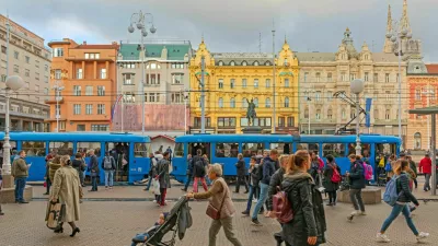 Zagreb, Croatia - November 4, 2019: Crowd of People Commuters at Tram Station Ban Josip Jelacic Square Capital City Public Transport.
