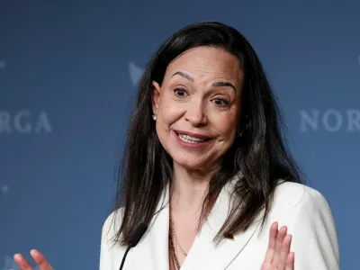 Nobel Peace Prize laureate and Venezuelan opposition leader Maria Corina Machado speaks during a press conference with Norwegian Prime Minister Jonas Gahr Stoere (not pictured), a day after the award ceremony, in Oslo, Norway December 11, 2025. REUTERS/Leonhard Foeger