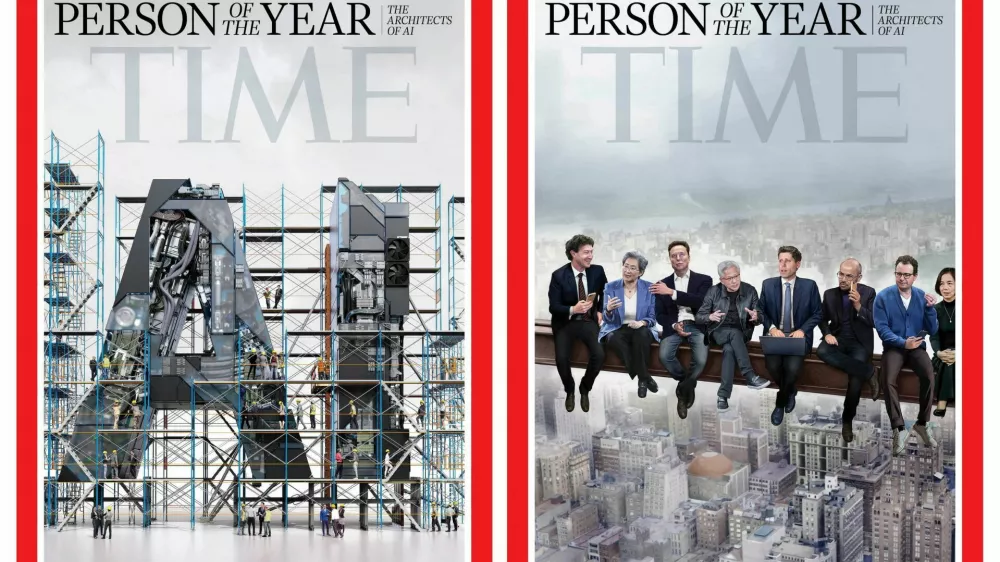 The two covers of Time magazine's 2025 Person of the Year issue with an illustration by Peter Crowther (left) depicting Jensen Huang, President and CEO of Nvidia; Elon Musk, xAI; Dario Amodei, CEO of Anthropic; Lisa Su, CEO of AMD; Mark Zuckerberg, CEO of Meta; Demis Hassabis, CEO of DeepMind Technologies; Fei-Fei Li, Co-Director of Stanford University's Human-Centered AI Institute and CEO of World Labs; and Sam Altman, CEO of Open AI, and a painting by Jason Seiler (right) depicting the same people, in this undated handout combination image obtained by Reuters on December 11, 2025. TIME/TIME Person of the Year/Handout via REUTERS THIS IMAGE HAS BEEN SUPPLIED BY A THIRD PARTY. MANDATORY CREDIT. NO RESALES. NO ARCHIVES. PLEASE SHOW ALL FOUR CORNERS OF TIME'S RED BORDER AND DO NOT ALTER IT IN ANY WAY.   TPX IMAGES OF THE DAY