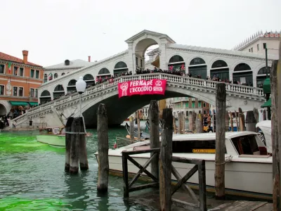 A handout photograph taken and released on November 22, 2025, by Extinction Rebellion Press Office, shows the dyed green waters of Grand Canal, under the Rialto Bridge, in Venice during the "Stop Ecocide" demonstration origanized by Extinction Rebellion.,Image: 1053924312, License: Rights-managed, Restrictions: RESTRICTED TO EDITORIAL USE - MANDATORY CREDIT "AFP PHOTO / Extinction Rebellion Press Office" - HANDOUT - NO MARKETING NO ADVERTISING CAMPAIGNS - DISTRIBUTED AS A SERVICE TO CLIENTS, ***HANDOUT image or SOCIAL MEDIA IMAGE or FILMSTILL for EDITORIAL USE ONLY! * Please note: Fees charged by Profimedia are for the Profimedia's services only, and do not, nor are they intended to, convey to the user any ownership of Copyright or License in the material. Profimedia does not claim any ownership including but not limited to Copyright or License in the attached material. By publishing this material you (the user) expressly agree to indemnify and to hold Profimedia and its directors, shareholders and employees harmless from any loss, claims, damages, demands, expenses (including legal fees), or any causes of action or allegation against Profimedia arising out of or connected in any way with publication of the material. Profimedia does not claim any copyright or license in the attached materials. Any downloading fees charged by Profimedia are for Profimedia's services only. * Handling Fee Only ***, Model Release: no