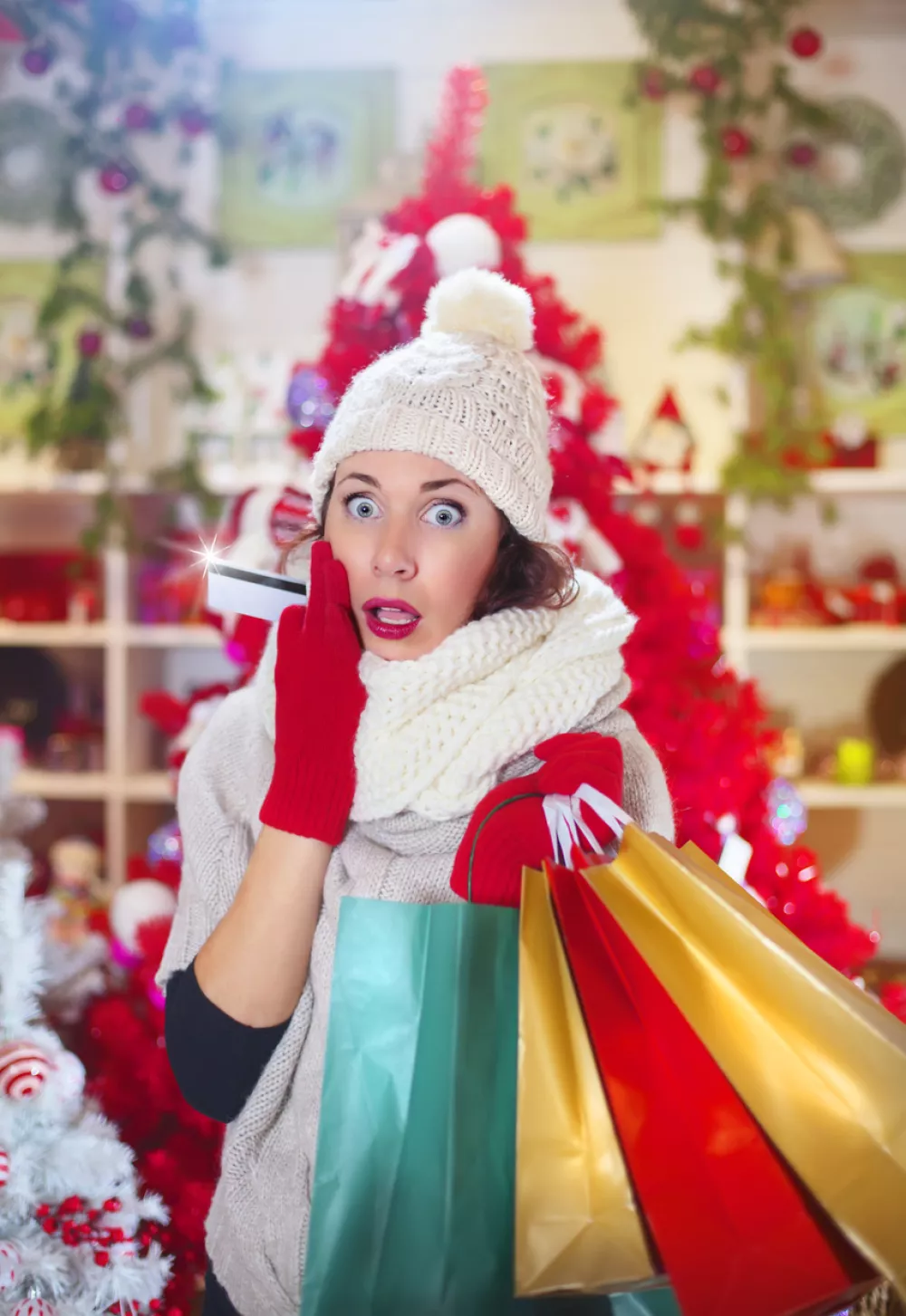 scared woman after using his credit card for shopping