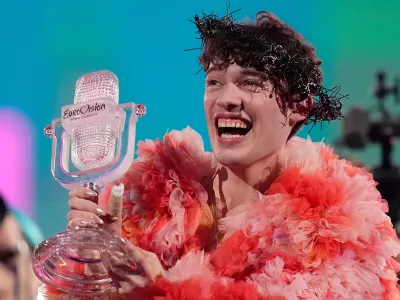 FILE - Nemo of Switzerland, celebrates after winning the Grand Final of the Eurovision Song Contest in Malmo, Sweden, on May 12, 2024. (AP Photo/Martin Meissner, File)