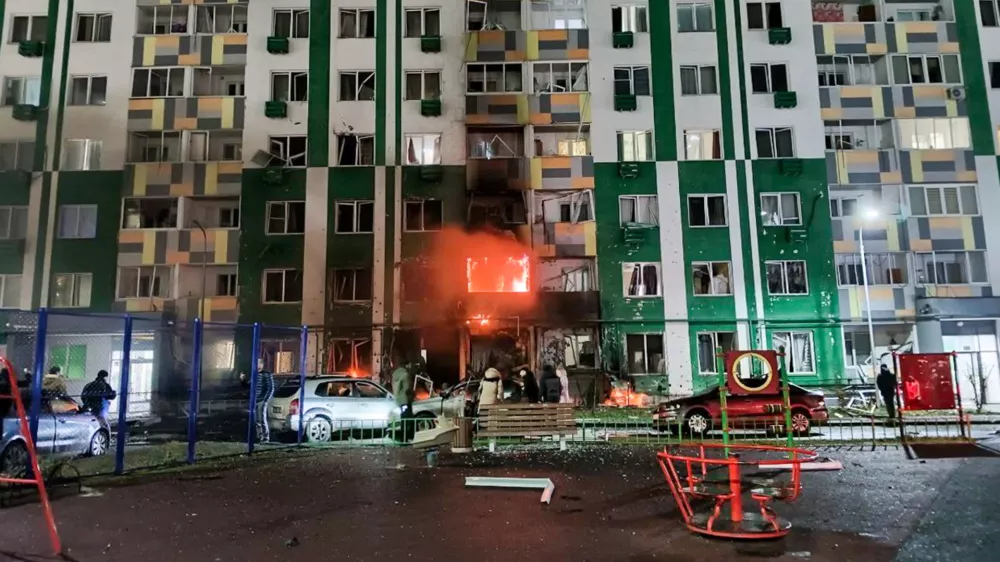 12 December 2025, Russia, Tver: The site of an explosion in an apartment building after an Armed Forces of Ukraine drone was downed by Russian Air Defence systems. Seven people, including a child, sustained injuries and were taken to a hospital. Photo: Dmitry Boikov/TASS via ZUMA Press/dpa