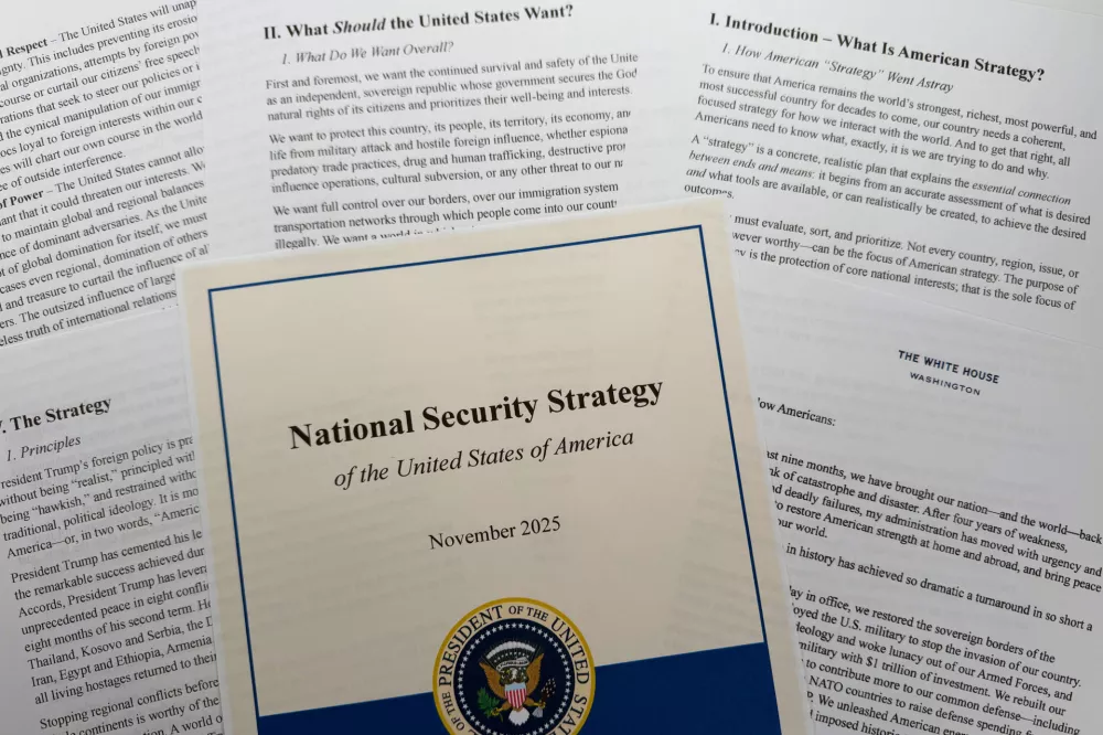 The National Security Strategy, released in November 2025, is photographed Wednesday, Dec. 10, 2025. (AP Photo/Jon Elswick)