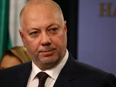 Bulgarian Prime Minister Rosen Zhelyazkov speaks to the media before announcing the resignation of his government, in Sofia, Bulgaria, December 11, 2025. REUTERS/Stoyan Nenov