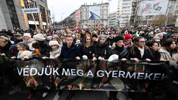 Chairman of the Hungarian opposition Tisza Party Peter Magyar, fifth from left, Vice Chairman of Tisza Party Agnes Forsthoffer, sixth from left, and opera singer Andrea Rost, the party's parliamentary candidate for Jasz-Nagykun-Szolnok County Constituency 1, fourth from right, walk behind a banner reading "Let's protect children" during the Tisza Party demonstration in support of abused children in Budapest, Hungary, Saturday, Dec. 13, 2025. (Robert Hegedus/MTI via AP)