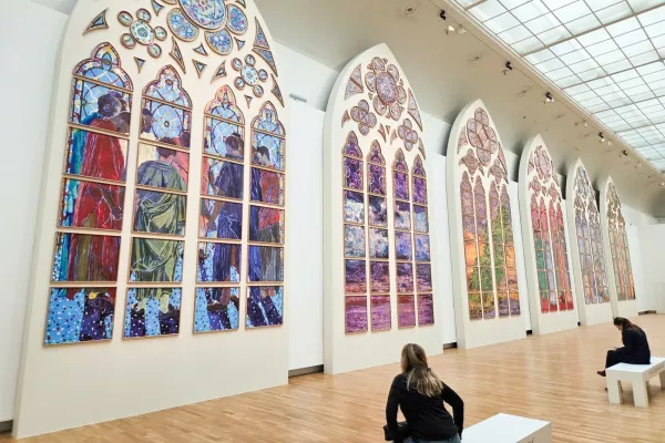 FRANCE, PARIS - DECEMBER 10, 2025: The designs for six new stained-glass windows for the cathedral of Notre Dame on display at the Grand Palais,Image: 1058146582, License: Rights-managed, Restrictions: * Switzerland And Russia Rights Out *, Model Release: no