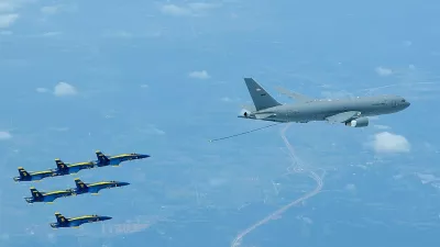 A KC-46 Pegasus assigned to the 931st Air Refueling Wing, McConnell Air Force Base, Kan., lines up to refuel an U.S. Navy Blue Angels F/A-18 Hornet, July 1, 2020 over South Dakota. This marks the first time the 931st ARW refueled the Blue Angels using a KC-46. The KC-46 represents the beginning of a new era in air-to-air refueling capability to support the U.S. Air Force, Navy and Marine Corps. The modernized fly-by-wire boom provides a larger air-refueling envelope than the KC-46's predecessor, the KC-135 Stratotanker. In addition to the boom, the aircraft is capable of refueling through drogue and wing aerial fueling pods, or WARPs, to provide simultaneous multi-point air refueling. (U.S. Air Force photo by Maj. Andrea Morris)