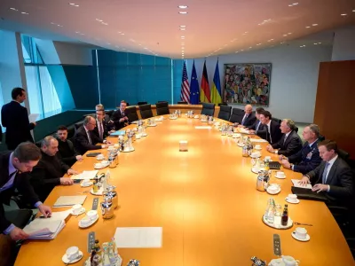 Ukraine's President Volodymyr Zelenskiy, senior Ukrainian negotiator Rustem Umerov and German Chancellor Friedrich Merz meet with U.S. President Donald Trump's son-in-law Jared Kushner, U.S. Special Envoy to the Middle East Steve Witkoff and NATO Supreme Allied Commander Europe (SACEUR), U.S. Air Force General Alexus Grynkewich, amid Russia's attack on Ukraine, in Berlin, Germany, December 14, 2025. Ukrainian Presidential Press Service/Handout via REUTERS ATTENTION EDITORS - THIS IMAGE HAS BEEN SUPPLIED BY A THIRD PARTY. DOCUMENTS BLURRED BY SOURCE.   TPX IMAGES OF THE DAY