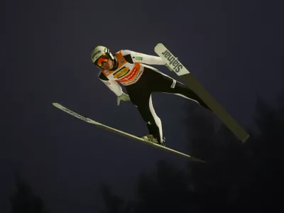 Ski Jumping - FIS Ski Jumping World Cup - Klingenthal, Germany - December 13, 2025 Slovenia's Domen Prevc in action during the first round REUTERS/Lisi Niesner