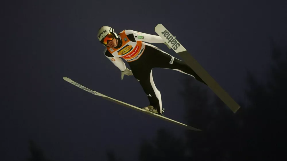 Ski Jumping - FIS Ski Jumping World Cup - Klingenthal, Germany - December 13, 2025 Slovenia's Domen Prevc in action during the first round REUTERS/Lisi Niesner