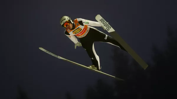 Ski Jumping - FIS Ski Jumping World Cup - Klingenthal, Germany - December 13, 2025 Slovenia's Domen Prevc in action during the first round REUTERS/Lisi Niesner