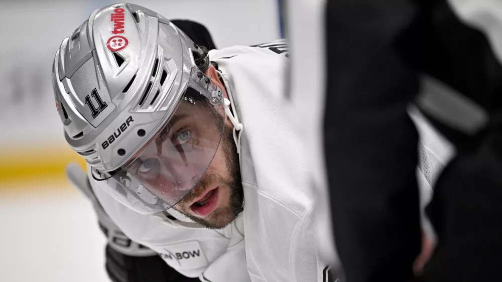 Dec 15, 2025; Dallas, Texas, USA; Los Angeles Kings center Anze Kopitar (11) waits for the face-off against the Dallas Stars during the third period at the American Airlines Center. Mandatory Credit: Jerome Miron-Imagn Images