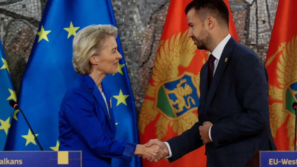 European Commission President Ursula von der Leyen shakes hand with Montenegrin President Jakov Milatovic at a press conference during her visit to Montenegro, as a part of her tour to the Western Balkan countries, in Podgorica, Montenegro, October 31, 2023. REUTERS/Stevo Vasiljevic
