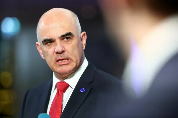 Secretary General of the Council of Europe Alain Berset speaks to the media, on the day of a Council of Europe diplomatic conference to launch a convention establishing the International Claims Commission for Ukraine, aimed at handling compensation claims related to Russia's war in Ukraine, in The Hague, Netherlands, December 16, 2025. REUTERS/Piroschka van de Wouw