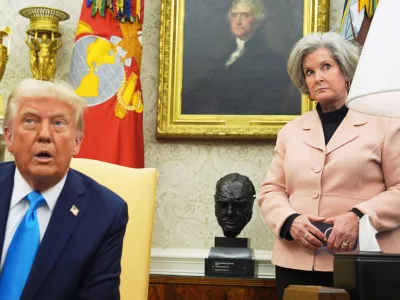 FILE - White House chief of staff Susie Wiles listens as President Donald Trump meets with Israel's Prime Minister Benjamin Netanyahu in the Oval Office of the White House, Feb. 4, 2025, in Washington. (AP Photo/Evan Vucci, File)