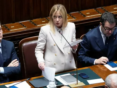 Italy's Prime Minister Giorgia Meloni speaks at the the lower house of Parliament, ahead of a European Union leaders' summit, in Rome, Italy, December 17, 2025. REUTERS/Remo Casilli