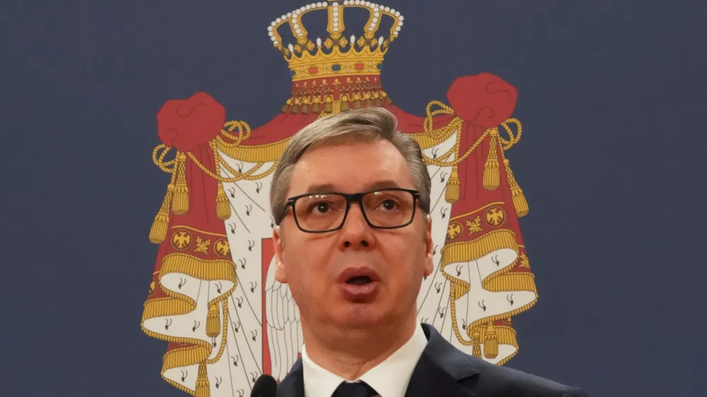 Serbian President Aleksandar Vucic speaks during a signing ceremony between Serbia and Hungary, in Belgrade, Serbia, Tuesday, April 1, 2025. (AP Photo/Darko Vojinovic)
