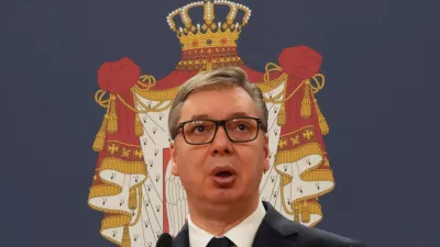 Serbian President Aleksandar Vucic speaks during a signing ceremony between Serbia and Hungary, in Belgrade, Serbia, Tuesday, April 1, 2025. (AP Photo/Darko Vojinovic)