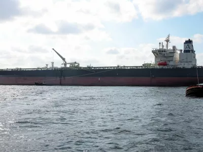 Crude oil tanker Nissos Christiana, first ship to transport oil from Syria since the fall of Bashar al-Assad's regime, is anchored in the port of Tartus, Syria, September 1, 2025. REUTERS/Mahmoud Hassano