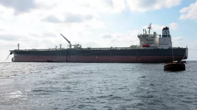 Crude oil tanker Nissos Christiana, first ship to transport oil from Syria since the fall of Bashar al-Assad's regime, is anchored in the port of Tartus, Syria, September 1, 2025. REUTERS/Mahmoud Hassano